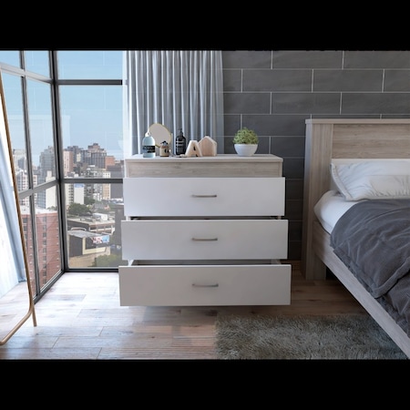 Tuhome Melia Three Drawer Dresser, Superior Top, Metal Hardware, Light Gray/White CZB6467